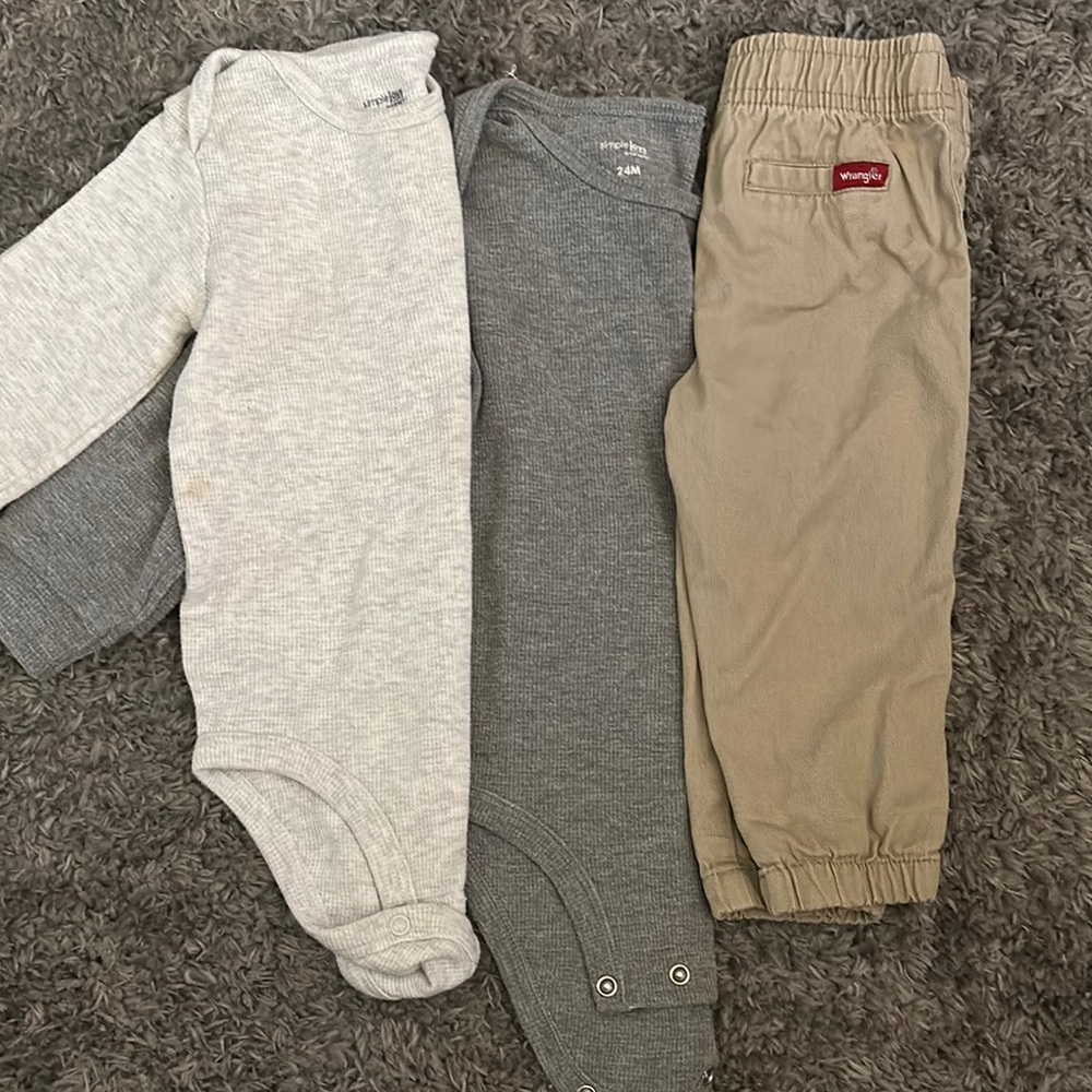 Carters and Wrangler Winter Bundle Gray and Beige Baby Bodysuits and Pants Set